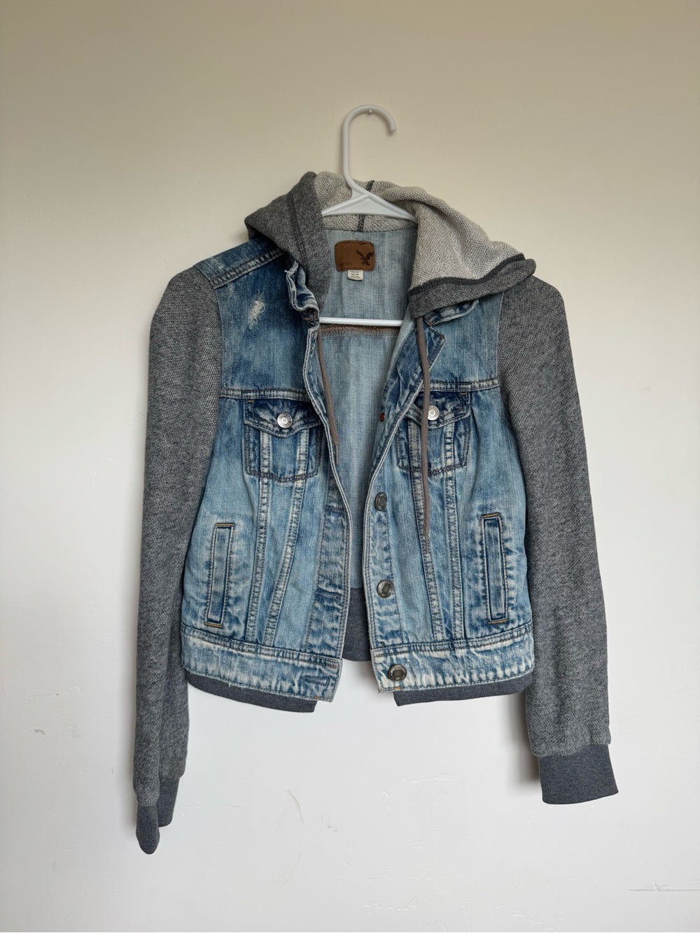 AE denim Jacket with Gray Knit Sleeves and Hood